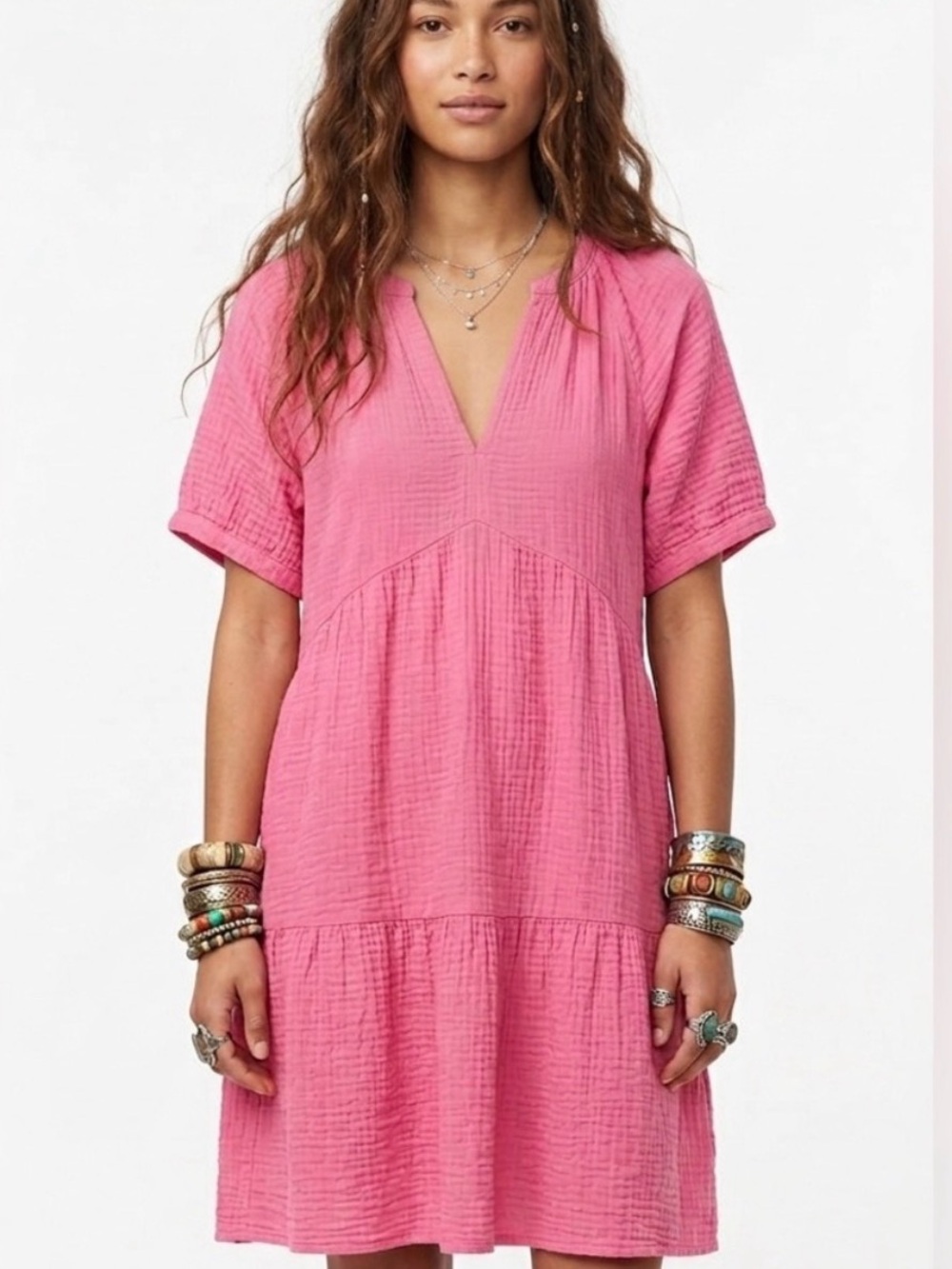 GAP Fuscia Pink Tiered Gauze Mini Dress